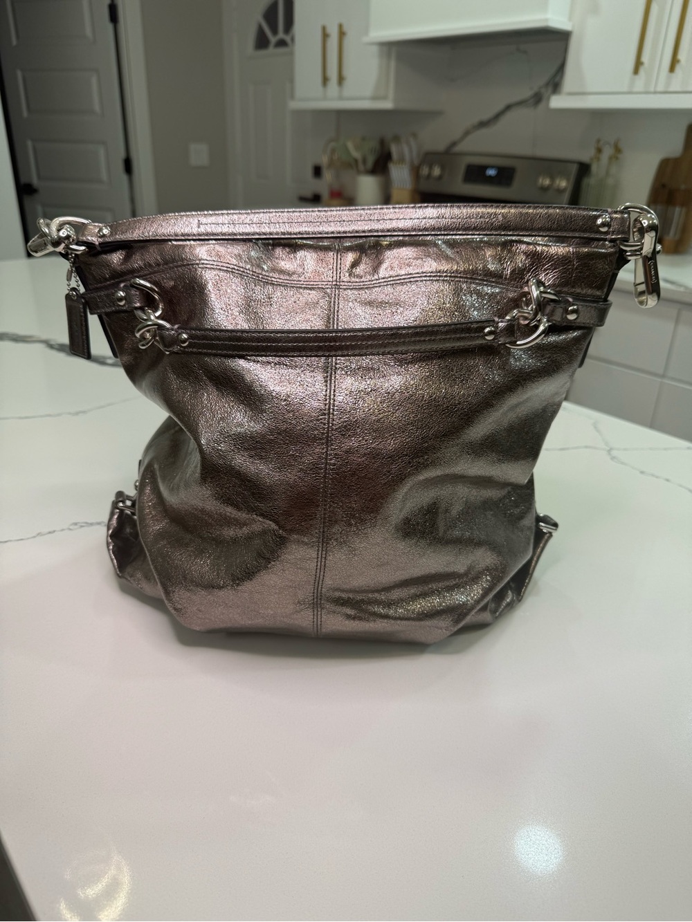 Authentic COACH Metallic Leather Large Brooke Convertible Hobo Bag Pewter F16618